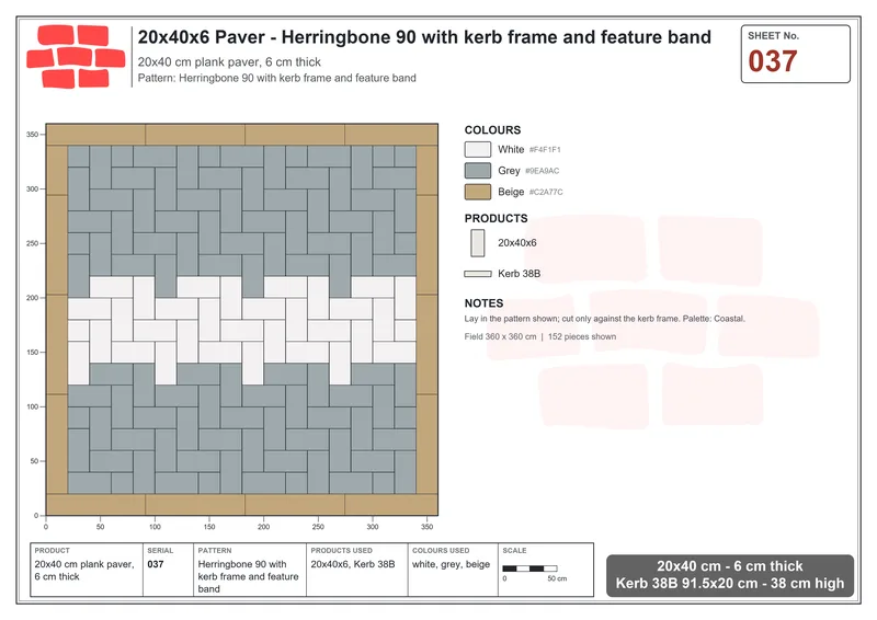 Interlock (Pasco) 20x40 cm · RC24-37 · Herringbone 90 with kerb frame and feature band · Laying plan Interlock (Pasco) 20x40 cm · RC24-37 · Herringbone 90 with kerb frame and feature band · Laying plan