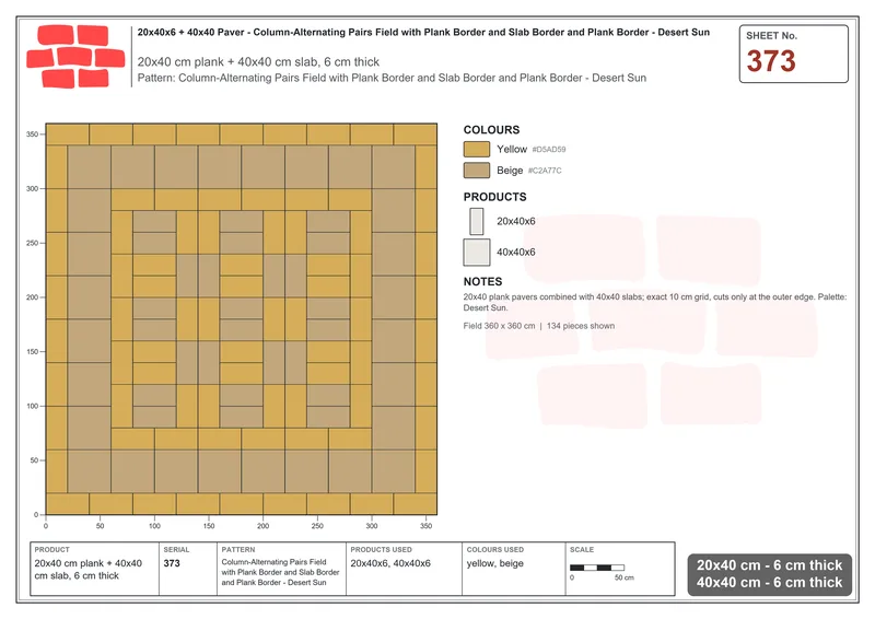 Interlock (Pasco) 20x40 cm · RC24-373 · Column-Alternating Pairs Field with Plank Border and Slab Border and Plank Border - Desert Sun · Laying plan Interlock (Pasco) 20x40 cm · RC24-373 · Column-Alternating Pairs Field with Plank Border and Slab Border and Plank Border - Desert Sun · Laying plan