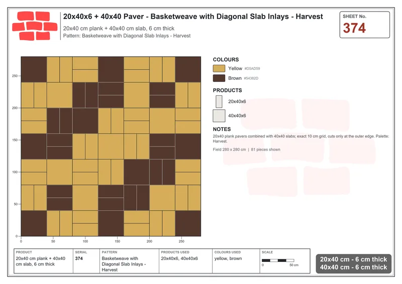 Interlock (Pasco) 20x40 cm · RC24-374 · Basketweave with Diagonal Slab Inlays - Harvest · Laying plan Interlock (Pasco) 20x40 cm · RC24-374 · Basketweave with Diagonal Slab Inlays - Harvest · Laying plan