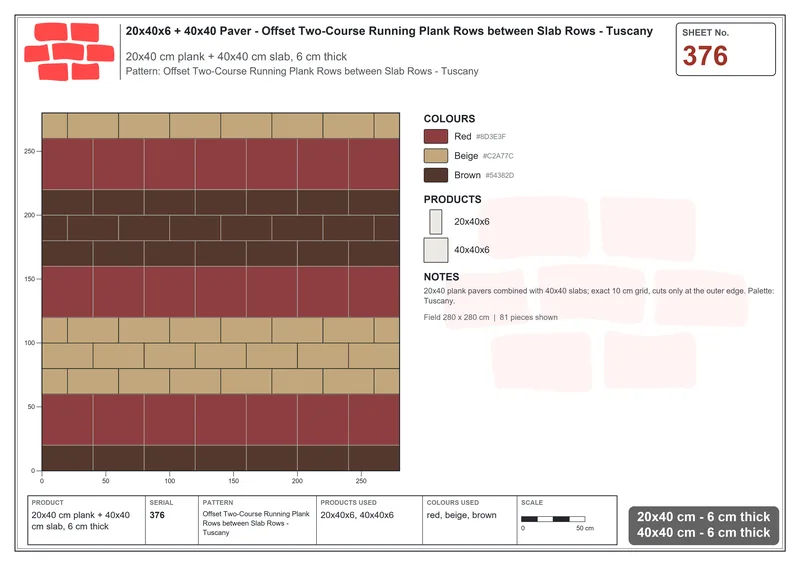 Interlock (Pasco) 20x40 cm · RC24-376 · Offset Two-Course Running Plank Rows between Slab Rows - Tuscany · Laying plan Interlock (Pasco) 20x40 cm · RC24-376 · Offset Two-Course Running Plank Rows between Slab Rows - Tuscany · Laying plan