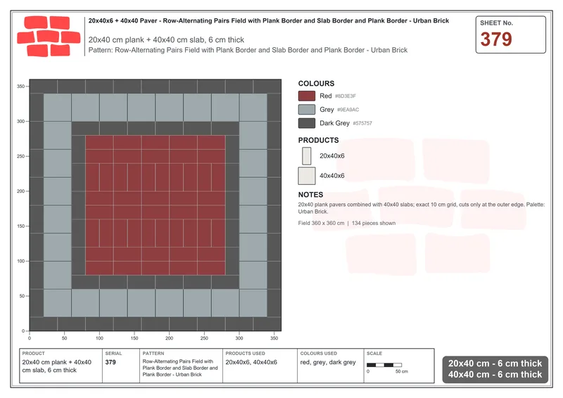 Interlock (Pasco) 20x40 cm · RC24-379 · Row-Alternating Pairs Field with Plank Border and Slab Border and Plank Border - Urban Brick · Laying plan Interlock (Pasco) 20x40 cm · RC24-379 · Row-Alternating Pairs Field with Plank Border and Slab Border and Plank Border - Urban Brick · Laying plan
