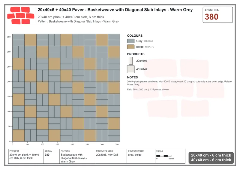 Interlock (Pasco) 20x40 cm · RC24-380 · Basketweave with Diagonal Slab Inlays - Warm Grey · Laying plan Interlock (Pasco) 20x40 cm · RC24-380 · Basketweave with Diagonal Slab Inlays - Warm Grey · Laying plan