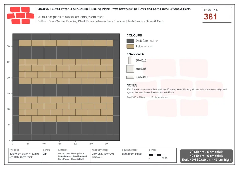 Interlock (Pasco) 20x40 cm · RC24-381 · Four-Course Running Plank Rows between Slab Rows and Kerb Frame - Stone & Earth · Laying plan Interlock (Pasco) 20x40 cm · RC24-381 · Four-Course Running Plank Rows between Slab Rows and Kerb Frame - Stone & Earth · Laying plan