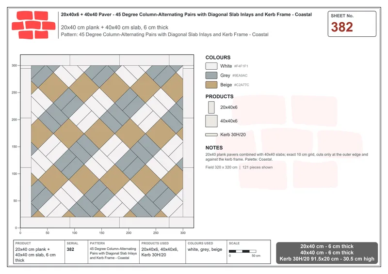 Interlock (Pasco) 20x40 cm · RC24-382 · 45 Degree Column-Alternating Pairs with Diagonal Slab Inlays and Kerb Frame - Coastal · Laying plan Interlock (Pasco) 20x40 cm · RC24-382 · 45 Degree Column-Alternating Pairs with Diagonal Slab Inlays and Kerb Frame - Coastal · Laying plan