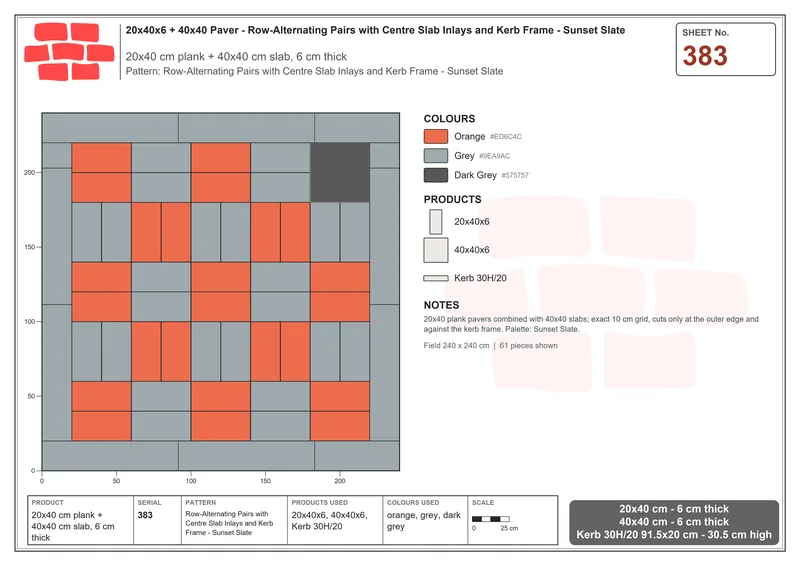 Interlock (Pasco) 20x40 cm · RC24-383 · Row-Alternating Pairs with Centre Slab Inlays and Kerb Frame - Sunset Slate · Laying plan Interlock (Pasco) 20x40 cm · RC24-383 · Row-Alternating Pairs with Centre Slab Inlays and Kerb Frame - Sunset Slate · Laying plan