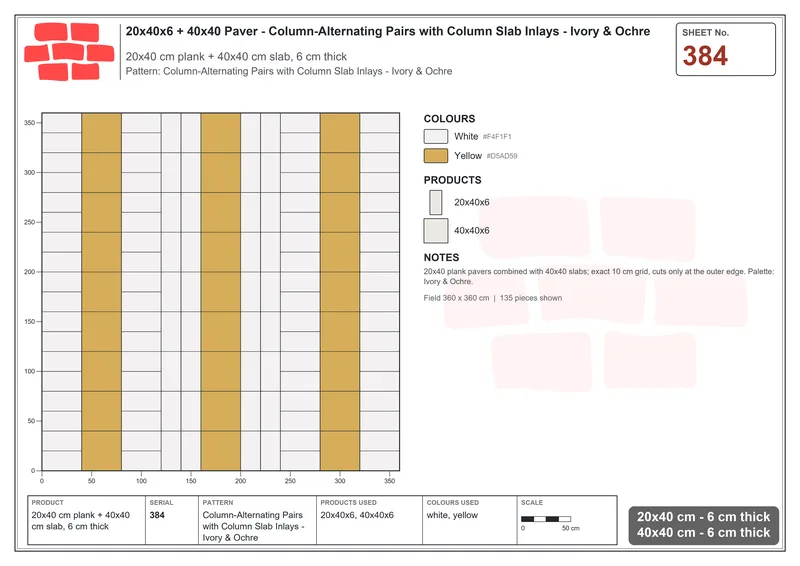 Interlock (Pasco) 20x40 cm · RC24-384 · Column-Alternating Pairs with Column Slab Inlays - Ivory & Ochre · Laying plan Interlock (Pasco) 20x40 cm · RC24-384 · Column-Alternating Pairs with Column Slab Inlays - Ivory & Ochre · Laying plan