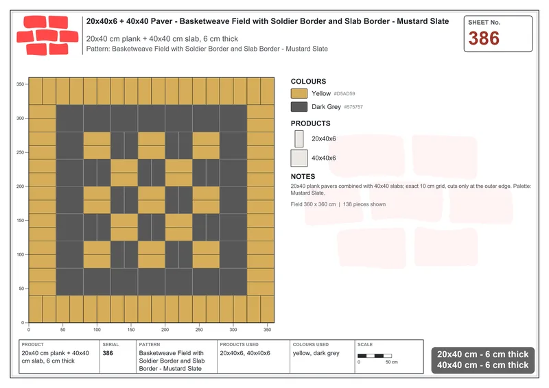 Interlock (Pasco) 20x40 cm · RC24-386 · Basketweave Field with Soldier Border and Slab Border - Mustard Slate · Laying plan Interlock (Pasco) 20x40 cm · RC24-386 · Basketweave Field with Soldier Border and Slab Border - Mustard Slate · Laying plan