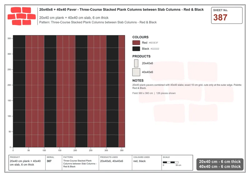 Interlock (Pasco) 20x40 cm · RC24-387 · Three-Course Stacked Plank Columns between Slab Columns - Red & Black · Laying plan Interlock (Pasco) 20x40 cm · RC24-387 · Three-Course Stacked Plank Columns between Slab Columns - Red & Black · Laying plan