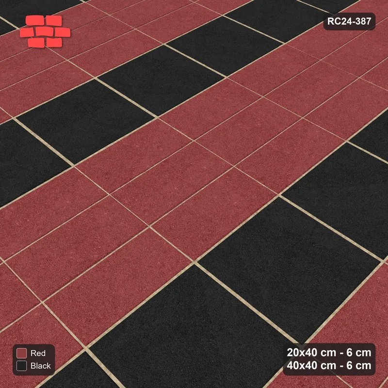 Interlock (Pasco) 20x40 cm · RC24-387 · Three-Course Stacked Plank Columns between Slab Columns - Red & Black · Side view Interlock (Pasco) 20x40 cm · RC24-387 · Three-Course Stacked Plank Columns between Slab Columns - Red & Black · Side view