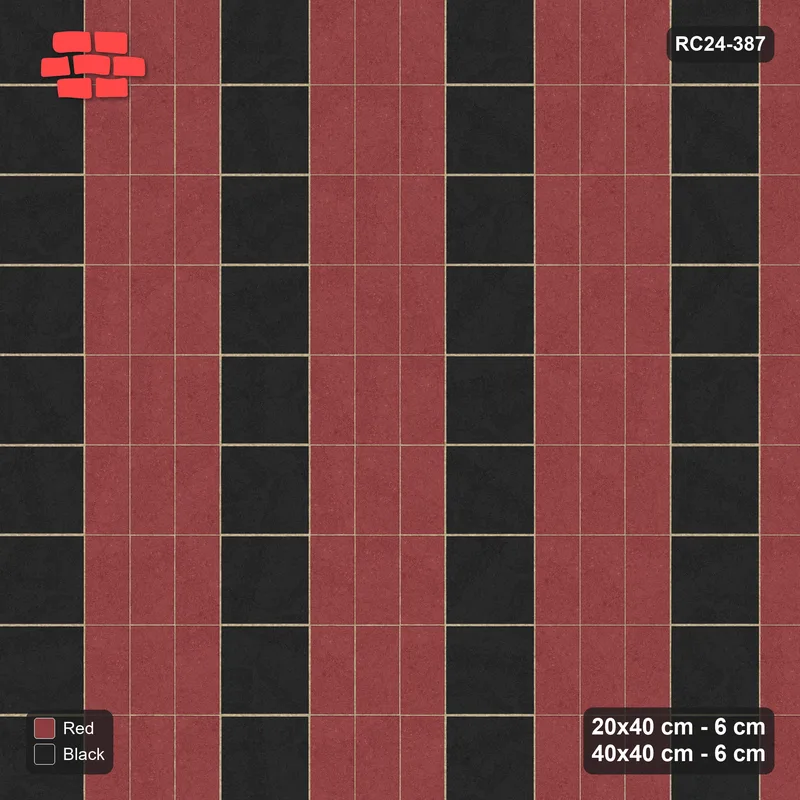Interlock (Pasco) 20x40 cm · RC24-387 · Three-Course Stacked Plank Columns between Slab Columns - Red & Black · Top view Interlock (Pasco) 20x40 cm · RC24-387 · Three-Course Stacked Plank Columns between Slab Columns - Red & Black · Top view