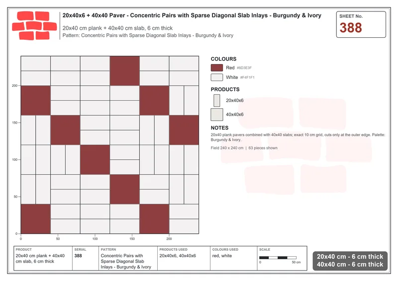 Interlock (Pasco) 20x40 cm · RC24-388 · Concentric Pairs with Sparse Diagonal Slab Inlays - Burgundy & Ivory · Laying plan Interlock (Pasco) 20x40 cm · RC24-388 · Concentric Pairs with Sparse Diagonal Slab Inlays - Burgundy & Ivory · Laying plan
