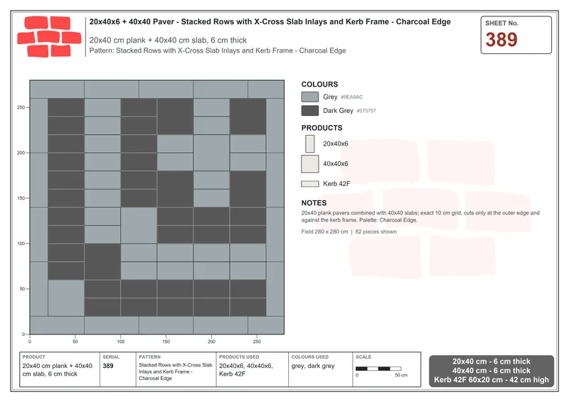 Interlock (Pasco) 20x40 cm · RC24-389 · Stacked Rows with X-Cross Slab Inlays and Kerb Frame - Charcoal Edge · Laying plan Interlock (Pasco) 20x40 cm · RC24-389 · Stacked Rows with X-Cross Slab Inlays and Kerb Frame - Charcoal Edge · Laying plan