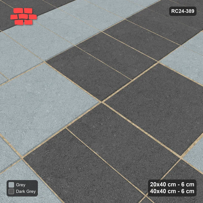 Interlock (Pasco) 20x40 cm · RC24-389 · Stacked Rows with X-Cross Slab Inlays and Kerb Frame - Charcoal Edge · Side view Interlock (Pasco) 20x40 cm · RC24-389 · Stacked Rows with X-Cross Slab Inlays and Kerb Frame - Charcoal Edge · Side view