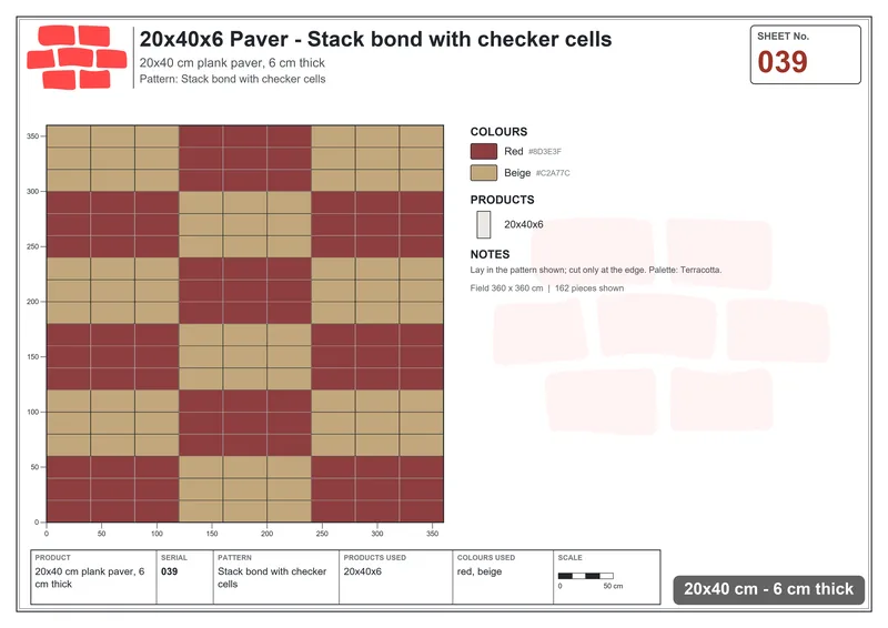 Interlock (Pasco) 20x40 cm · RC24-39 · Stack bond with checker cells · Laying plan Interlock (Pasco) 20x40 cm · RC24-39 · Stack bond with checker cells · Laying plan
