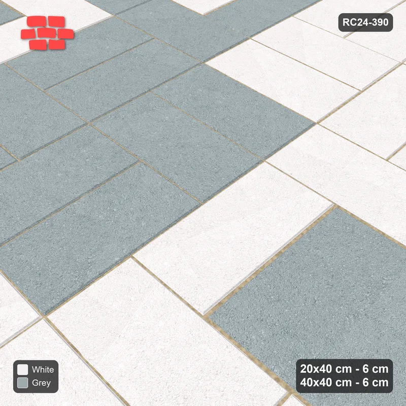 Interlock (Pasco) 20x40 cm · RC24-390 · Picture-Frame Modules with Slab Centres Alternating Columns with Basketweave in Staggered Rows - Salt & Pepper · Side view Interlock (Pasco) 20x40 cm · RC24-390 · Picture-Frame Modules with Slab Centres Alternating Columns with Basketweave in Staggered Rows - Salt & Pepper · Side view