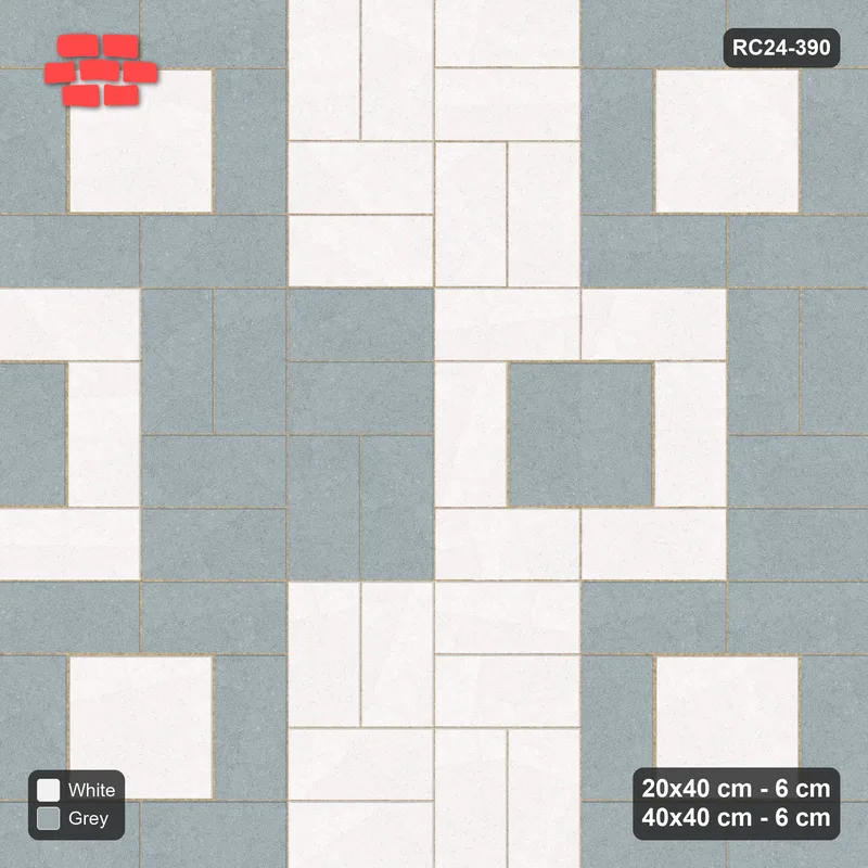 Interlock (Pasco) 20x40 cm · RC24-390 · Picture-Frame Modules with Slab Centres Alternating Columns with Basketweave in Staggered Rows - Salt & Pepper · Top view Interlock (Pasco) 20x40 cm · RC24-390 · Picture-Frame Modules with Slab Centres Alternating Columns with Basketweave in Staggered Rows - Salt & Pepper · Top view