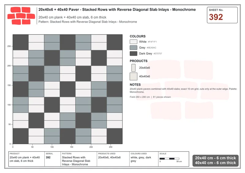 Interlock (Pasco) 20x40 cm · RC24-392 · Stacked Rows with Reverse Diagonal Slab Inlays - Monochrome · Laying plan Interlock (Pasco) 20x40 cm · RC24-392 · Stacked Rows with Reverse Diagonal Slab Inlays - Monochrome · Laying plan