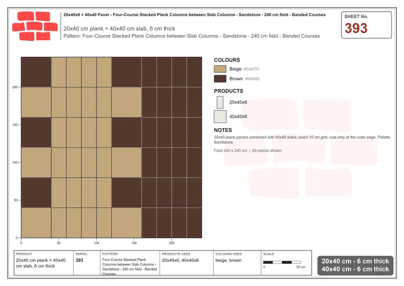 Interlock (Pasco) 20x40 cm · RC24-393 · Four-Course Stacked Plank Columns between Slab Columns - Sandstone - 240 cm field - Banded Courses · Laying plan Interlock (Pasco) 20x40 cm · RC24-393 · Four-Course Stacked Plank Columns between Slab Columns - Sandstone - 240 cm field - Banded Courses · Laying plan