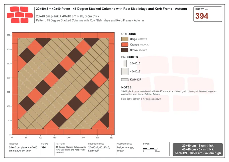 Interlock (Pasco) 20x40 cm · RC24-394 · 45 Degree Stacked Columns with Row Slab Inlays and Kerb Frame - Autumn · Laying plan Interlock (Pasco) 20x40 cm · RC24-394 · 45 Degree Stacked Columns with Row Slab Inlays and Kerb Frame - Autumn · Laying plan