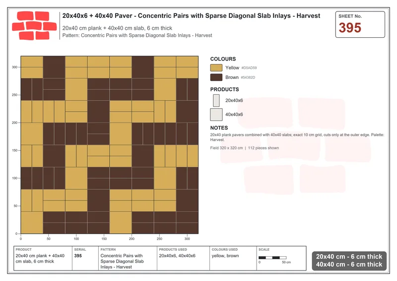 Interlock (Pasco) 20x40 cm · RC24-395 · Concentric Pairs with Sparse Diagonal Slab Inlays - Harvest · Laying plan Interlock (Pasco) 20x40 cm · RC24-395 · Concentric Pairs with Sparse Diagonal Slab Inlays - Harvest · Laying plan