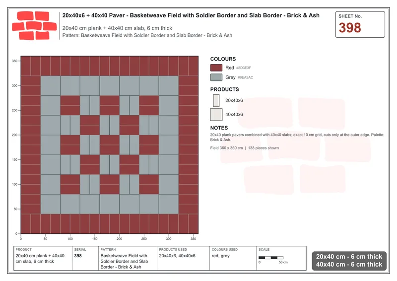 Interlock (Pasco) 20x40 cm · RC24-398 · Basketweave Field with Soldier Border and Slab Border - Brick & Ash · Laying plan Interlock (Pasco) 20x40 cm · RC24-398 · Basketweave Field with Soldier Border and Slab Border - Brick & Ash · Laying plan