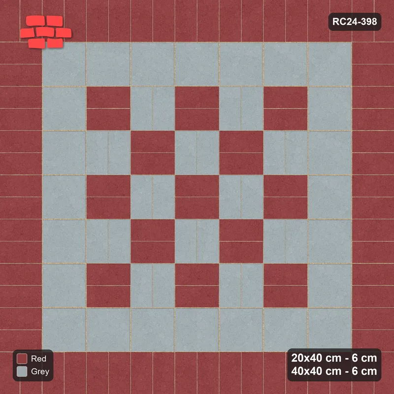 Interlock (Pasco) 20x40 cm · RC24-398 · Basketweave Field with Soldier Border and Slab Border - Brick & Ash · Top view Interlock (Pasco) 20x40 cm · RC24-398 · Basketweave Field with Soldier Border and Slab Border - Brick & Ash · Top view