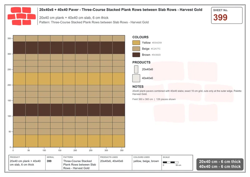 Interlock (Pasco) 20x40 cm · RC24-399 · Three-Course Stacked Plank Rows between Slab Rows - Harvest Gold · Laying plan Interlock (Pasco) 20x40 cm · RC24-399 · Three-Course Stacked Plank Rows between Slab Rows - Harvest Gold · Laying plan