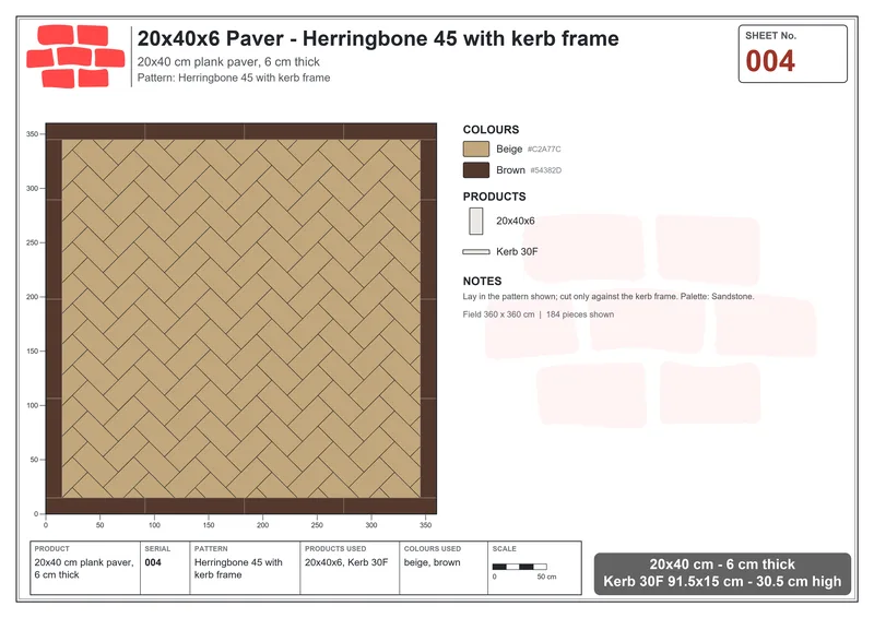 Interlock (Pasco) 20x40 cm · RC24-4 · Herringbone 45 with kerb frame · Laying plan Interlock (Pasco) 20x40 cm · RC24-4 · Herringbone 45 with kerb frame · Laying plan