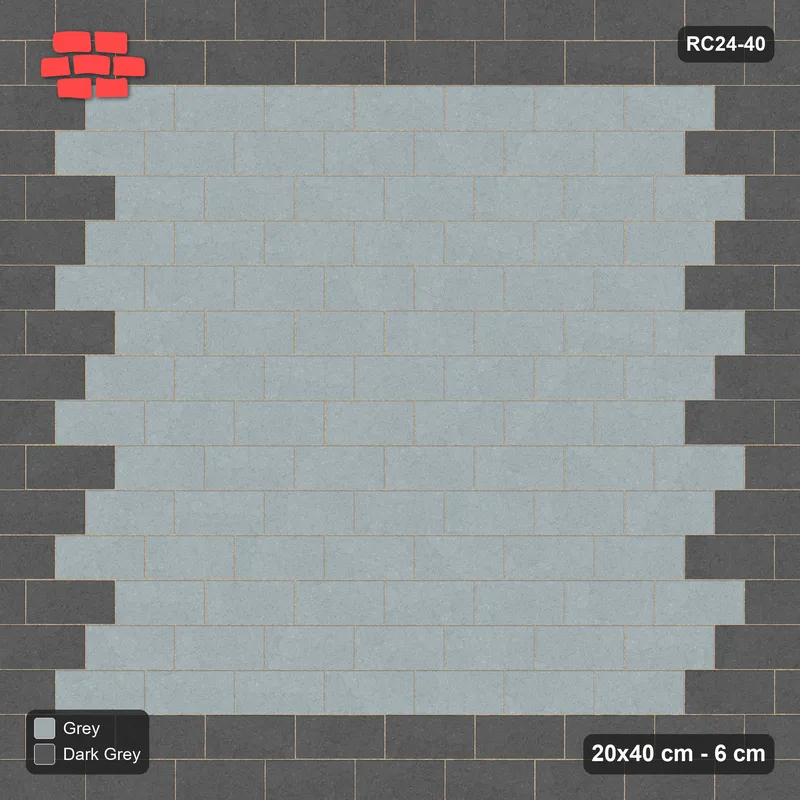 Interlock (Pasco) 20x40 cm · RC24-40 · Running bond 1/3 with accent edge course · Top view Interlock (Pasco) 20x40 cm · RC24-40 · Running bond 1/3 with accent edge course · Top view