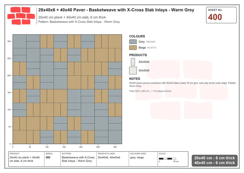 Interlock (Pasco) 20x40 cm · RC24-400 · Basketweave with X-Cross Slab Inlays - Warm Grey · Laying plan Interlock (Pasco) 20x40 cm · RC24-400 · Basketweave with X-Cross Slab Inlays - Warm Grey · Laying plan