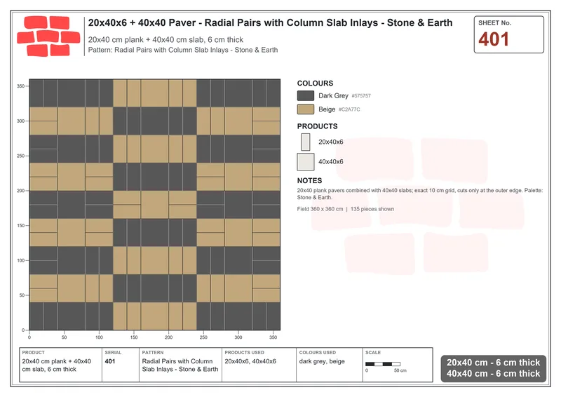 Interlock (Pasco) 20x40 cm · RC24-401 · Radial Pairs with Column Slab Inlays - Stone & Earth · Laying plan Interlock (Pasco) 20x40 cm · RC24-401 · Radial Pairs with Column Slab Inlays - Stone & Earth · Laying plan