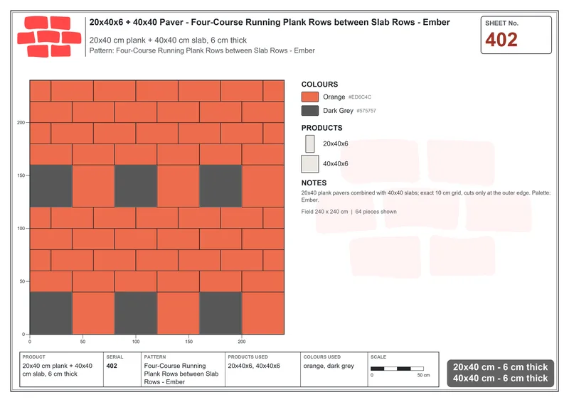 Interlock (Pasco) 20x40 cm · RC24-402 · Four-Course Running Plank Rows between Slab Rows - Ember · Laying plan Interlock (Pasco) 20x40 cm · RC24-402 · Four-Course Running Plank Rows between Slab Rows - Ember · Laying plan