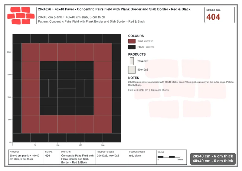 Interlock (Pasco) 20x40 cm · RC24-404 · Concentric Pairs Field with Plank Border and Slab Border - Red & Black · Laying plan Interlock (Pasco) 20x40 cm · RC24-404 · Concentric Pairs Field with Plank Border and Slab Border - Red & Black · Laying plan