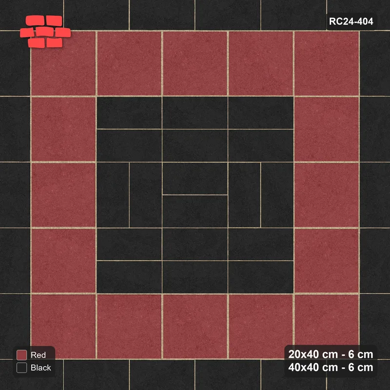 Interlock (Pasco) 20x40 cm · RC24-404 · Concentric Pairs Field with Plank Border and Slab Border - Red & Black · Top view Interlock (Pasco) 20x40 cm · RC24-404 · Concentric Pairs Field with Plank Border and Slab Border - Red & Black · Top view