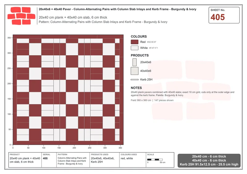 Interlock (Pasco) 20x40 cm · RC24-405 · Column-Alternating Pairs with Column Slab Inlays and Kerb Frame - Burgundy & Ivory · Laying plan Interlock (Pasco) 20x40 cm · RC24-405 · Column-Alternating Pairs with Column Slab Inlays and Kerb Frame - Burgundy & Ivory · Laying plan