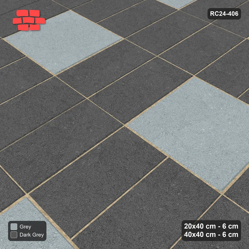 Interlock (Pasco) 20x40 cm · RC24-406 · Stacked Columns with Chequered Slab Inlays - Charcoal Edge · Side view Interlock (Pasco) 20x40 cm · RC24-406 · Stacked Columns with Chequered Slab Inlays - Charcoal Edge · Side view