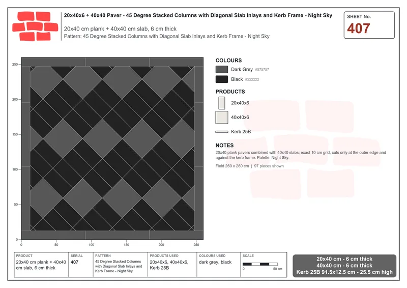 Interlock (Pasco) 20x40 cm · RC24-407 · 45 Degree Stacked Columns with Diagonal Slab Inlays and Kerb Frame - Night Sky · Laying plan Interlock (Pasco) 20x40 cm · RC24-407 · 45 Degree Stacked Columns with Diagonal Slab Inlays and Kerb Frame - Night Sky · Laying plan
