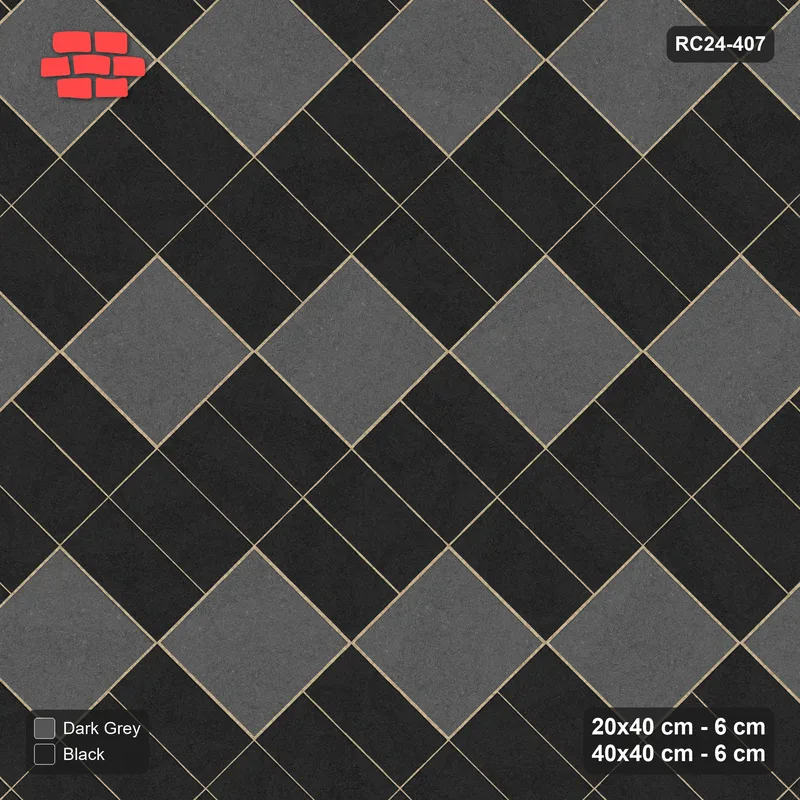 Interlock (Pasco) 20x40 cm · RC24-407 · 45 Degree Stacked Columns with Diagonal Slab Inlays and Kerb Frame - Night Sky · Top view Interlock (Pasco) 20x40 cm · RC24-407 · 45 Degree Stacked Columns with Diagonal Slab Inlays and Kerb Frame - Night Sky · Top view