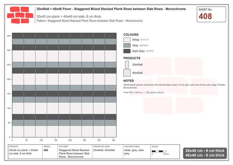 Interlock (Pasco) 20x40 cm · RC24-408 · Staggered Mixed Stacked Plank Rows between Slab Rows - Monochrome · Laying plan Interlock (Pasco) 20x40 cm · RC24-408 · Staggered Mixed Stacked Plank Rows between Slab Rows - Monochrome · Laying plan