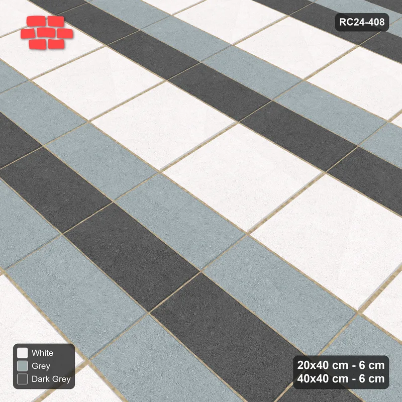 Interlock (Pasco) 20x40 cm · RC24-408 · Staggered Mixed Stacked Plank Rows between Slab Rows - Monochrome · Side view Interlock (Pasco) 20x40 cm · RC24-408 · Staggered Mixed Stacked Plank Rows between Slab Rows - Monochrome · Side view