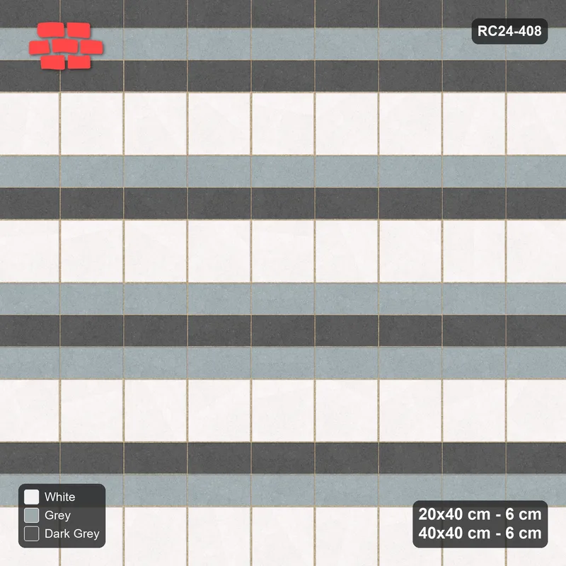 Interlock (Pasco) 20x40 cm · RC24-408 · Staggered Mixed Stacked Plank Rows between Slab Rows - Monochrome · Top view Interlock (Pasco) 20x40 cm · RC24-408 · Staggered Mixed Stacked Plank Rows between Slab Rows - Monochrome · Top view