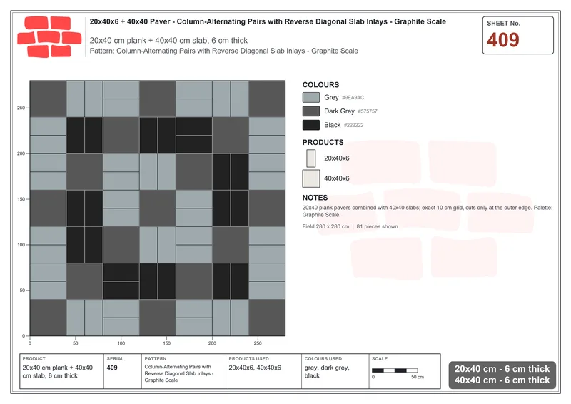 Interlock (Pasco) 20x40 cm · RC24-409 · Column-Alternating Pairs with Reverse Diagonal Slab Inlays - Graphite Scale · Laying plan Interlock (Pasco) 20x40 cm · RC24-409 · Column-Alternating Pairs with Reverse Diagonal Slab Inlays - Graphite Scale · Laying plan