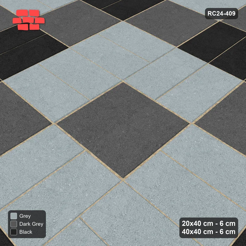 Interlock (Pasco) 20x40 cm · RC24-409 · Column-Alternating Pairs with Reverse Diagonal Slab Inlays - Graphite Scale · Side view Interlock (Pasco) 20x40 cm · RC24-409 · Column-Alternating Pairs with Reverse Diagonal Slab Inlays - Graphite Scale · Side view