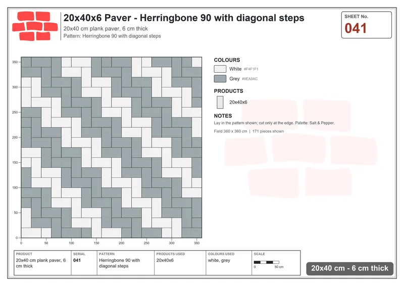 Interlock (Pasco) 20x40 cm · RC24-41 · Herringbone 90 with diagonal steps · Laying plan Interlock (Pasco) 20x40 cm · RC24-41 · Herringbone 90 with diagonal steps · Laying plan