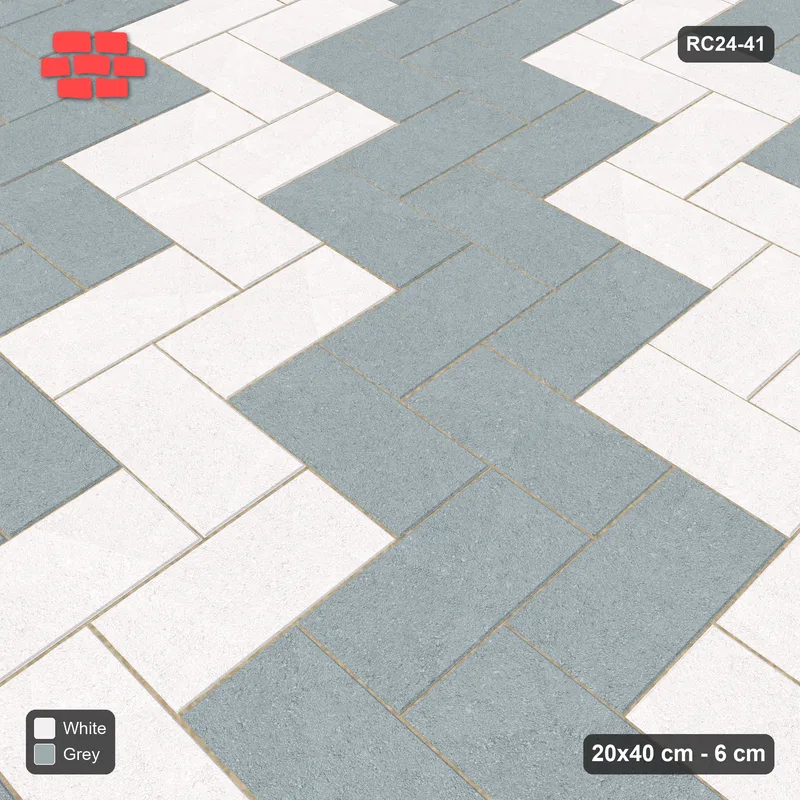 Interlock (Pasco) 20x40 cm · RC24-41 · Herringbone 90 with diagonal steps · Side view Interlock (Pasco) 20x40 cm · RC24-41 · Herringbone 90 with diagonal steps · Side view