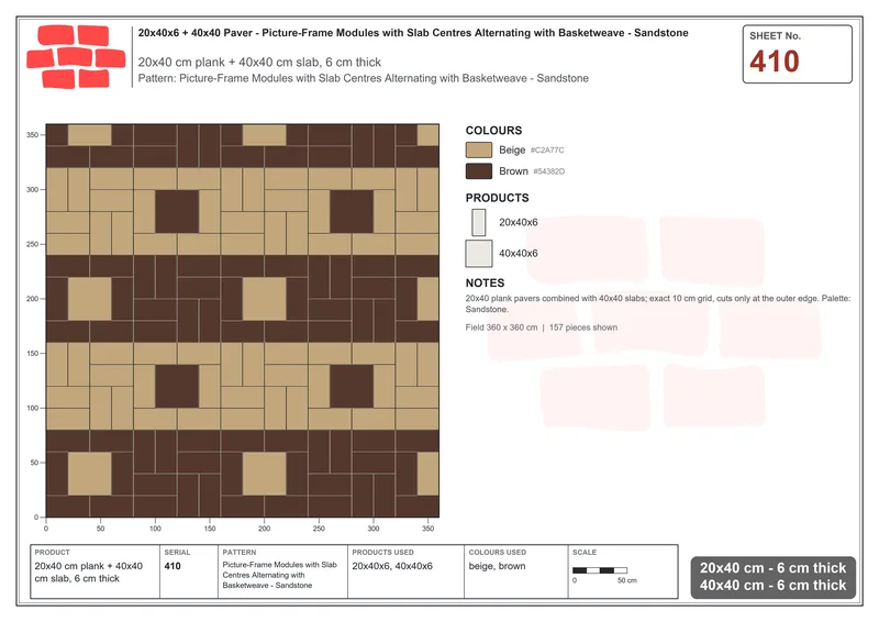 Interlock (Pasco) 20x40 cm · RC24-410 · Picture-Frame Modules with Slab Centres Alternating with Basketweave - Sandstone · Laying plan Interlock (Pasco) 20x40 cm · RC24-410 · Picture-Frame Modules with Slab Centres Alternating with Basketweave - Sandstone · Laying plan