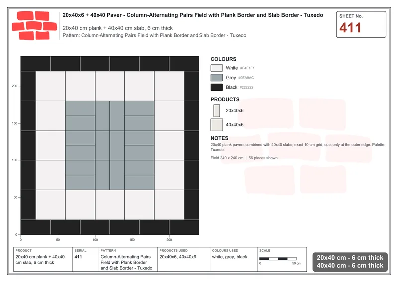 Interlock (Pasco) 20x40 cm · RC24-411 · Column-Alternating Pairs Field with Plank Border and Slab Border - Tuxedo · Laying plan Interlock (Pasco) 20x40 cm · RC24-411 · Column-Alternating Pairs Field with Plank Border and Slab Border - Tuxedo · Laying plan