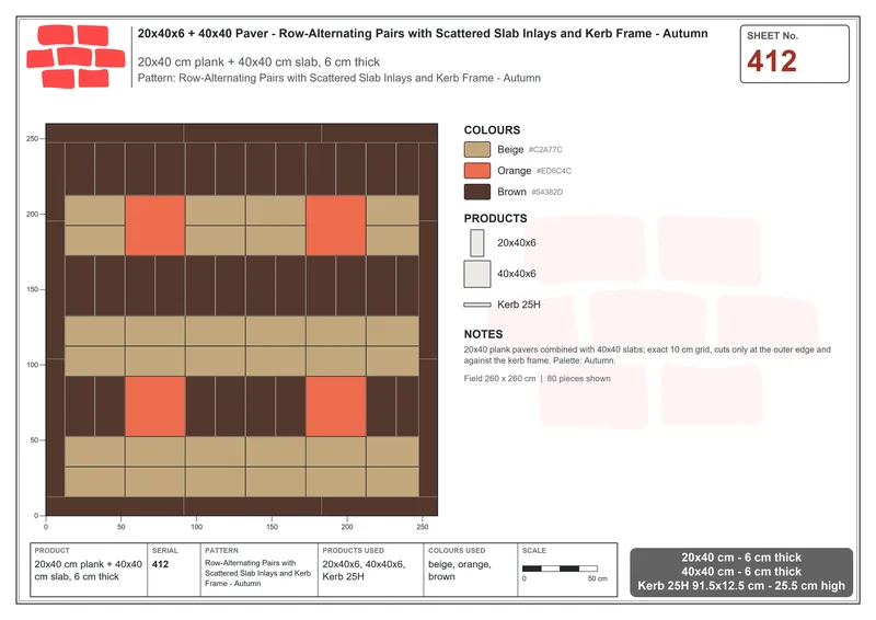 Interlock (Pasco) 20x40 cm · RC24-412 · Row-Alternating Pairs with Scattered Slab Inlays and Kerb Frame - Autumn · Laying plan Interlock (Pasco) 20x40 cm · RC24-412 · Row-Alternating Pairs with Scattered Slab Inlays and Kerb Frame - Autumn · Laying plan