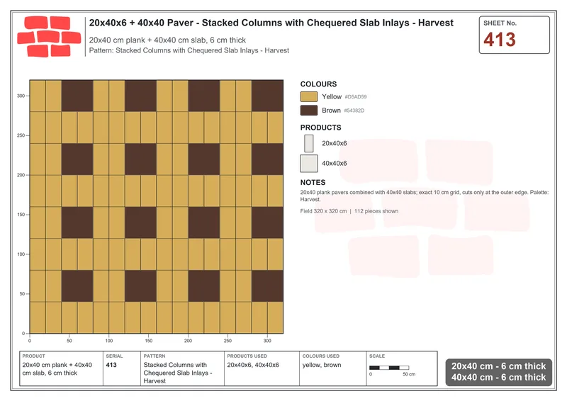 Interlock (Pasco) 20x40 cm · RC24-413 · Stacked Columns with Chequered Slab Inlays - Harvest · Laying plan Interlock (Pasco) 20x40 cm · RC24-413 · Stacked Columns with Chequered Slab Inlays - Harvest · Laying plan