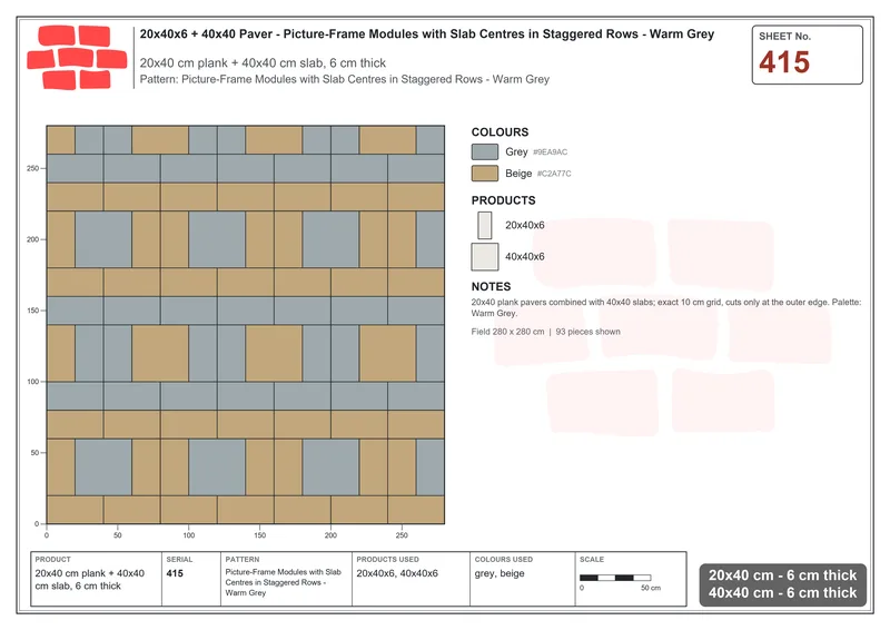 Interlock (Pasco) 20x40 cm · RC24-415 · Picture-Frame Modules with Slab Centres in Staggered Rows - Warm Grey · Laying plan Interlock (Pasco) 20x40 cm · RC24-415 · Picture-Frame Modules with Slab Centres in Staggered Rows - Warm Grey · Laying plan